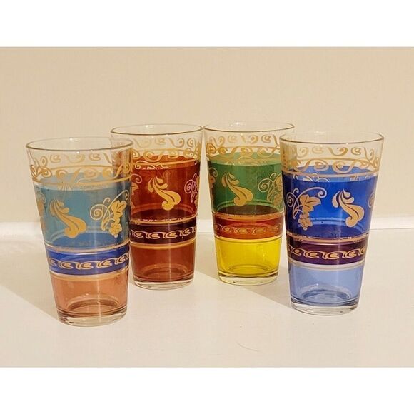 Set of 4 Vintage Moroccan MultiColor Gold Floral Design Juice Glasses 3 X 5.5 - Picture 1 of 7
